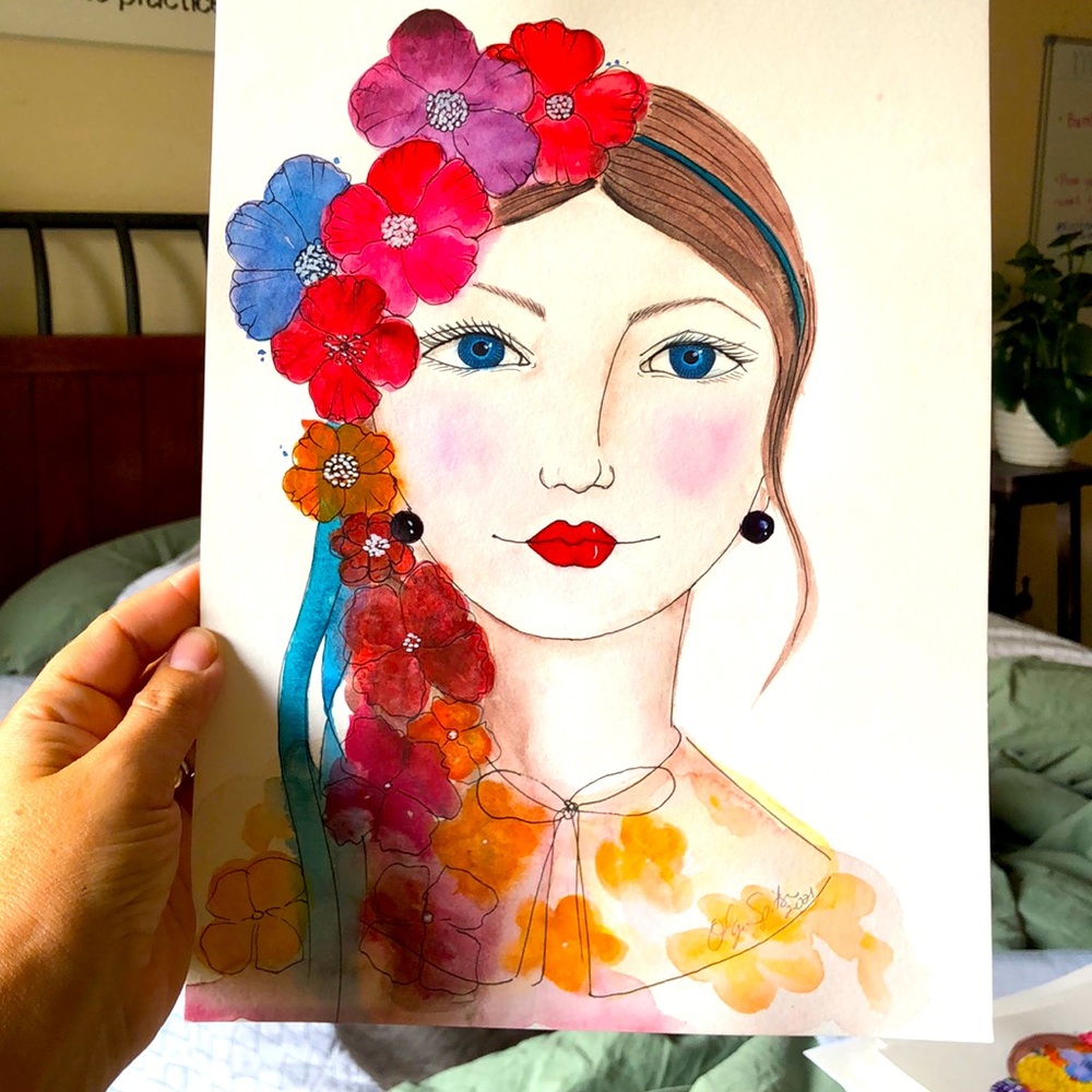 Original Painting of Girl with Flowers in Hair